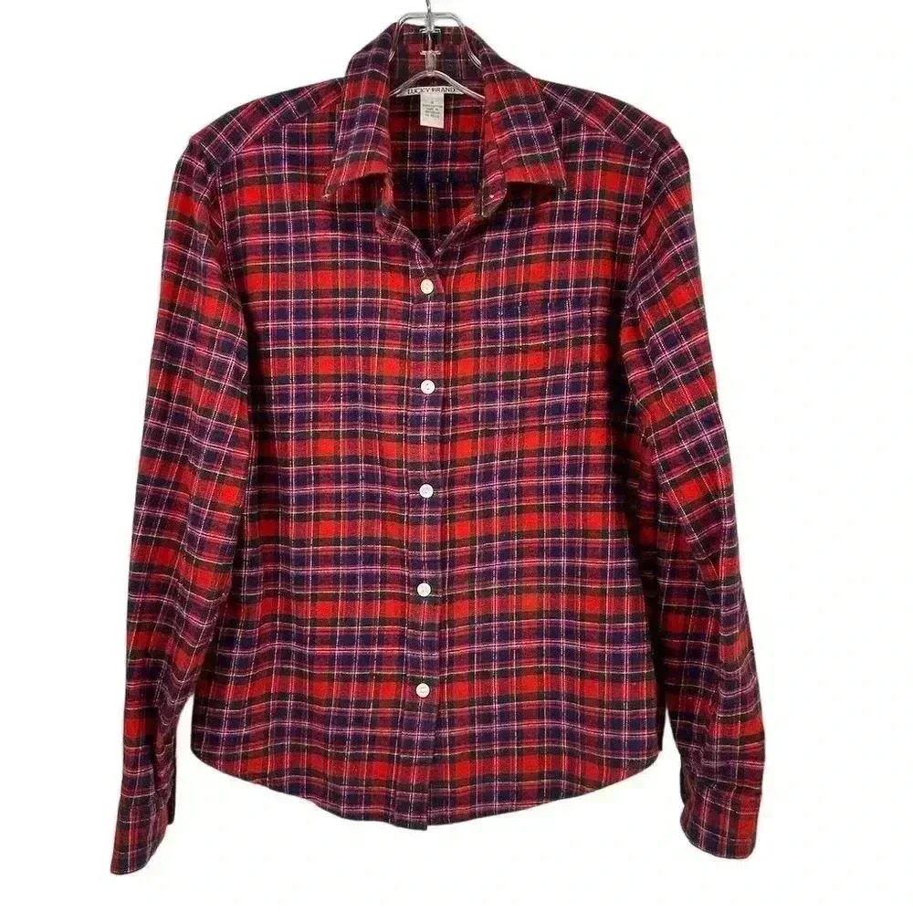 Lucky Brand Women's Plaid Flannel Button-Up Shirt Red Size S